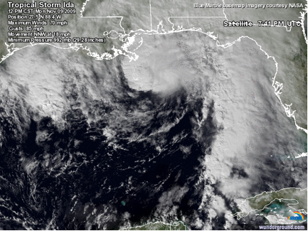 Afternoon satellite image of Tropical Storm Ida (2009), showing the classic signature of a tropical storm undergoing transition to an extratropical cyclone.