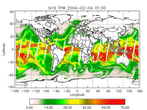 Composite image showing high water available for precipitation in the atmosphere over the ocean in the Pacific and Indian ocean tropical regions. Data is from February, 2004.