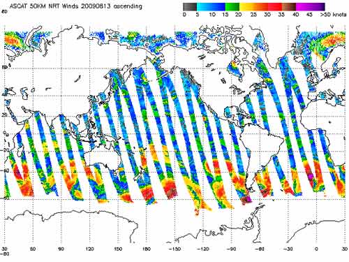 Image of ASCAT global wind data. Data is in stripes along the satellite orbital path. Colors indicate the strength of the winds.