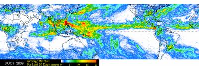 Image shows distribution of rainfall mostly in tropics and subtropics